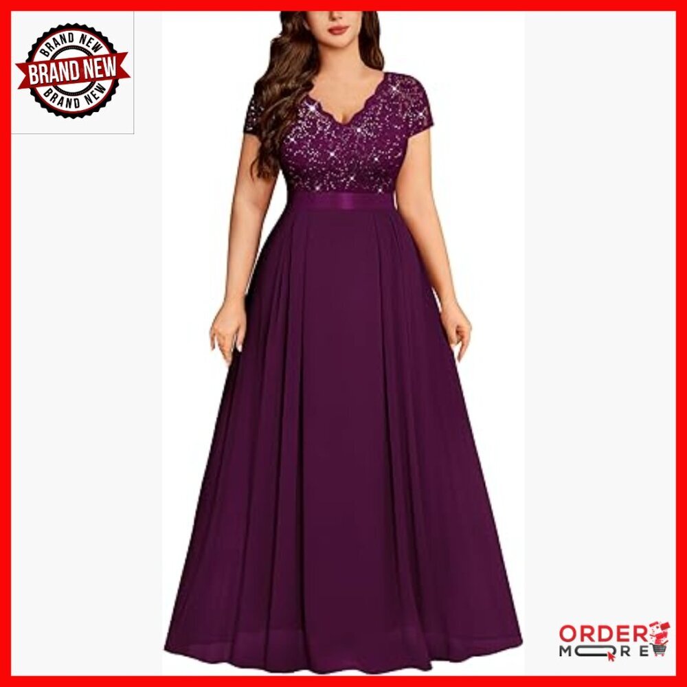Plus Size Sequin Floral Lace V-Neck Formal Maxi Dress
